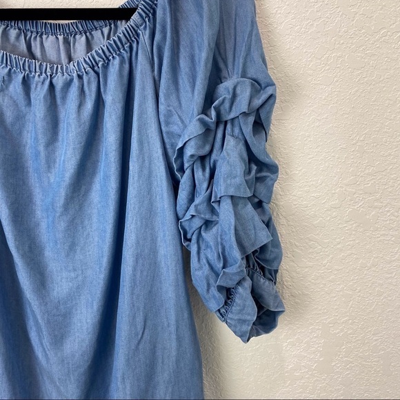 Zara Ruffle Sleeve Chambray Denim Off Shoulder Dress - Picture 5 of 16